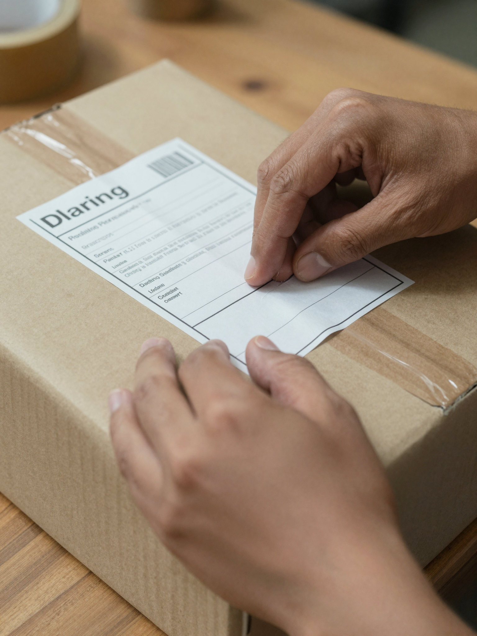 A pair of hands applying a printed shipping label to a cardboard parcel on a wooden workbench.